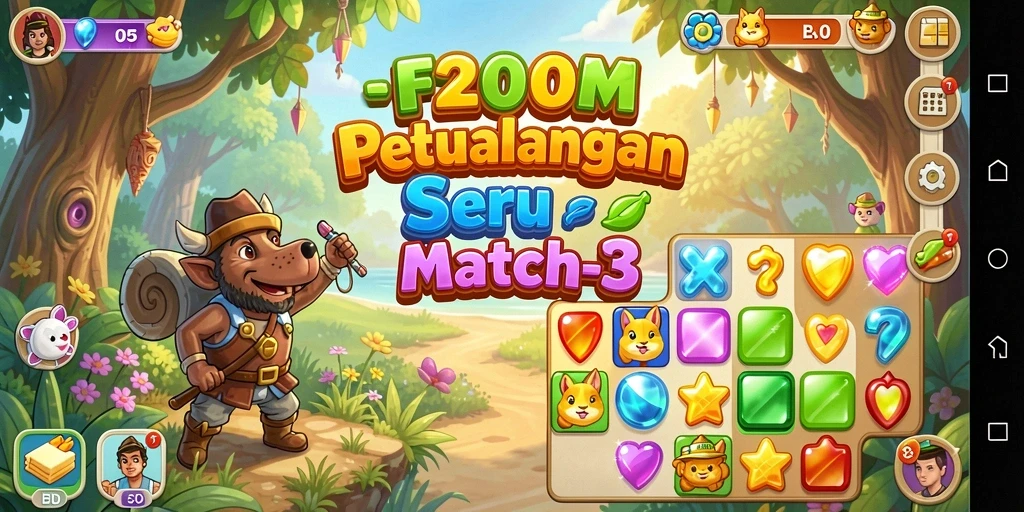 Gameplay seru dalam F200M dengan tantangan match-3.