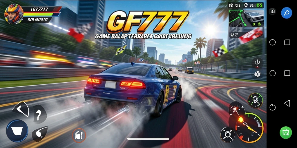 Screenshot GF777 menampilkan aksi balapan mendebarkan di trek yang menantang.