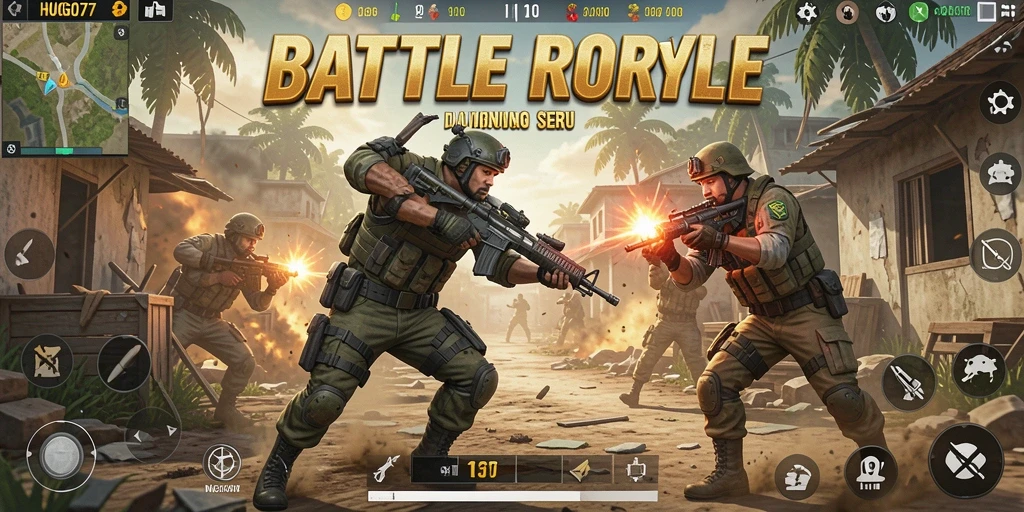 Screenshot HUGO77 menunjukkan aksi seru dalam permainan Battle Royale.