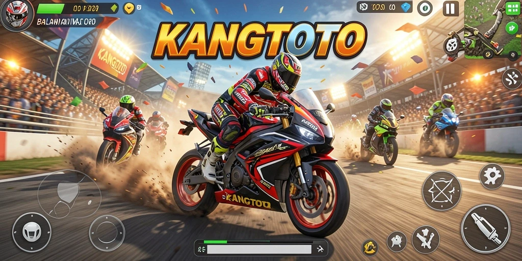Screenshot KANGTOTO menampilkan balapan motor yang menegangkan di sirkuit yang beragam.