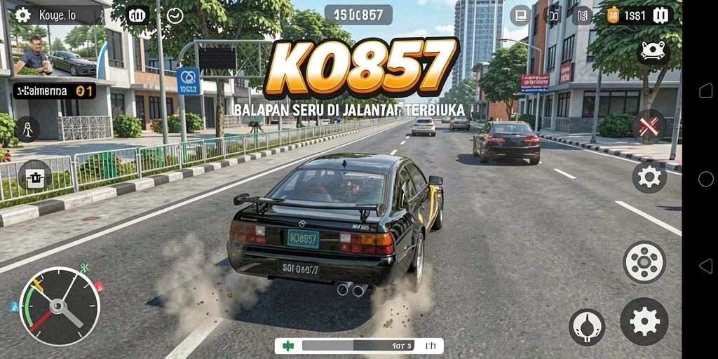Screenshot KO857 menampilkan aksi balapan yang mendebarkan di jalanan.