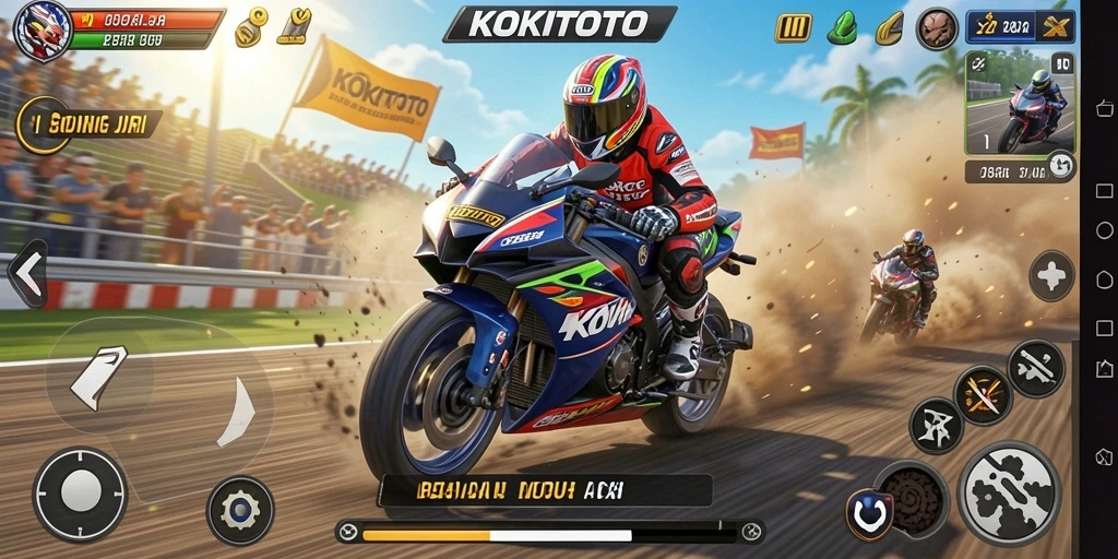 Screenshot gameplay KOKITOTO menampilkan adegan balapan motor yang mendebarkan.