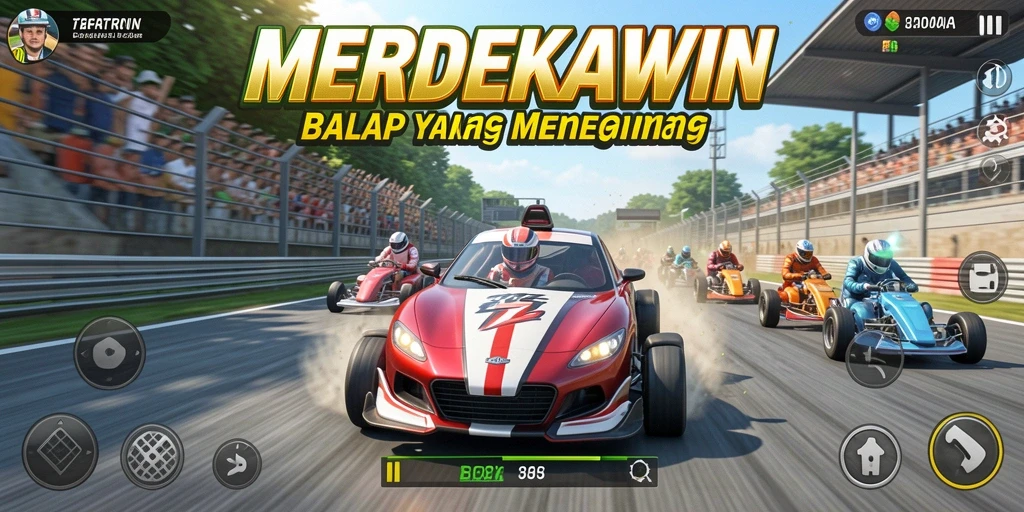 Gameplay balap di MERDEKAWIN dengan mobil yang melaju cepat.
