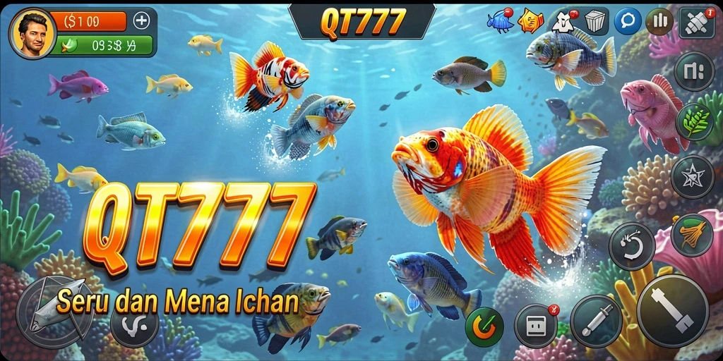 Tampilan gameplay QT777 saat menembak ikan di lautan.