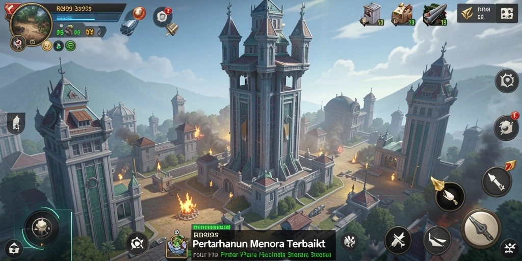 Tampilan gameplay mendebarkan di RR999 dengan pertahanan menara yang strategis.
