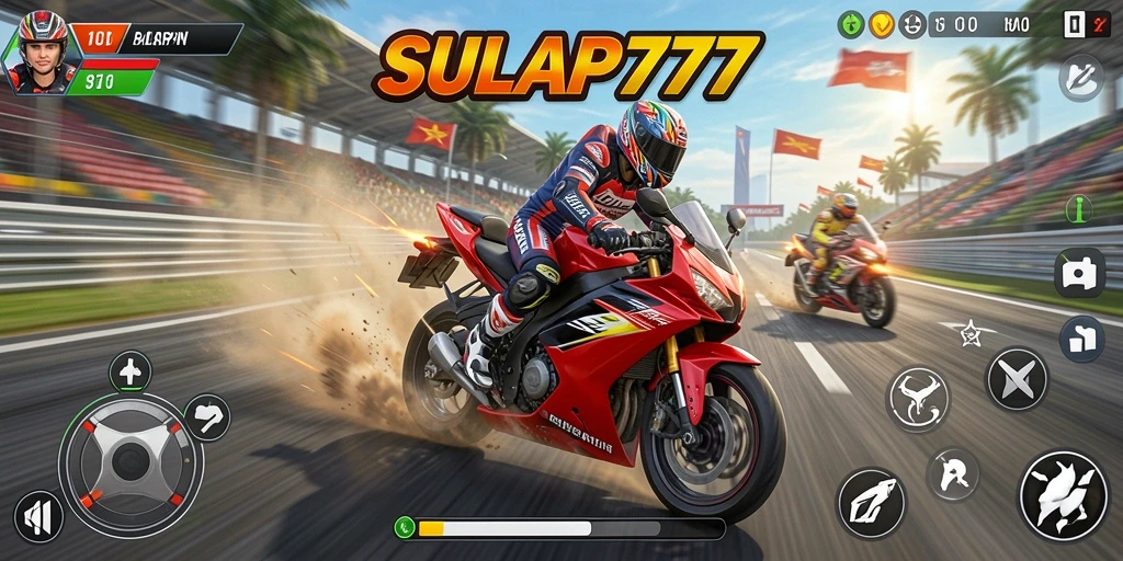Screenshot gameplay SULAP777 yang menunjukkan balapan motor yang mendebarkan.