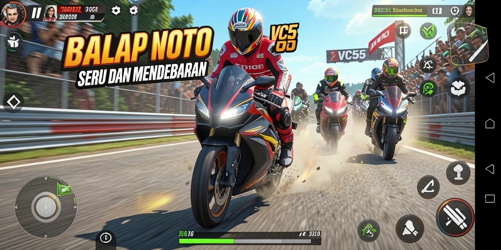 Screenshot gameplay VC55 menampilkan balapan motor yang mendebarkan.