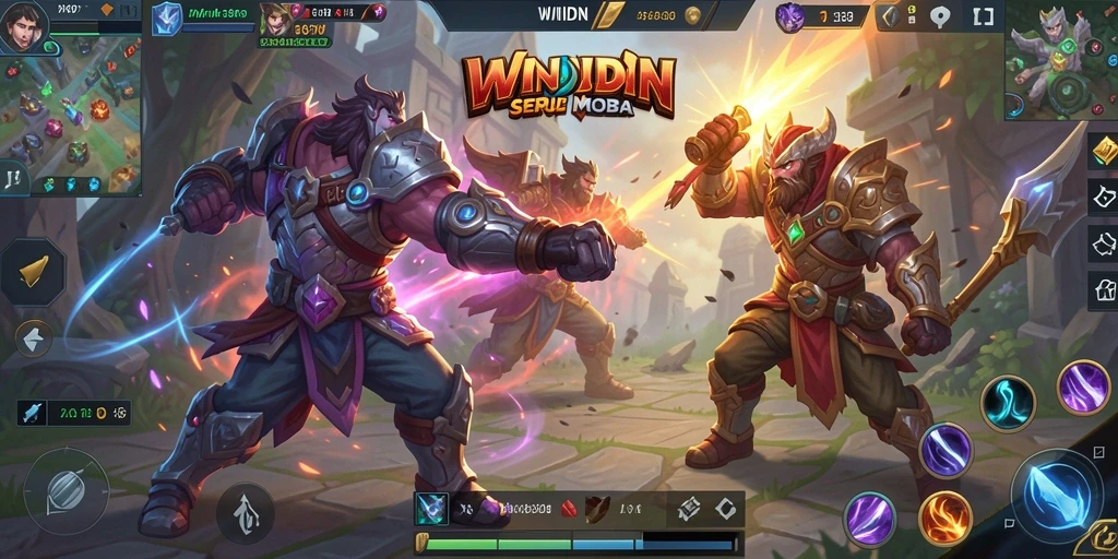Tampilan gameplay <strong>WINIDN</strong> dalam pertempuran seru dengan karakter yang beragam.