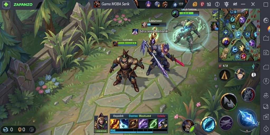 Screenshot utama ZAFANZO menampilkan pertarungan intens di arena MOBA.